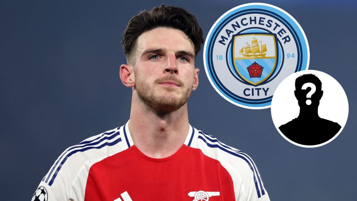 Image of Declan Rice playing for Arsenal with Manchester City badge and mystery figure inset