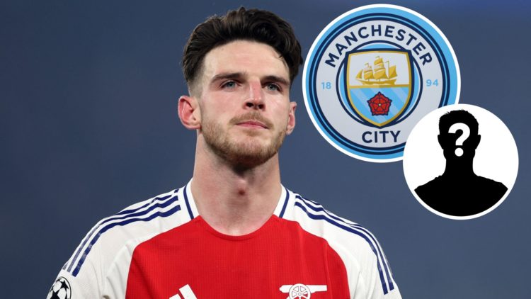Image of Declan Rice playing for Arsenal with Manchester City badge and mystery figure inset