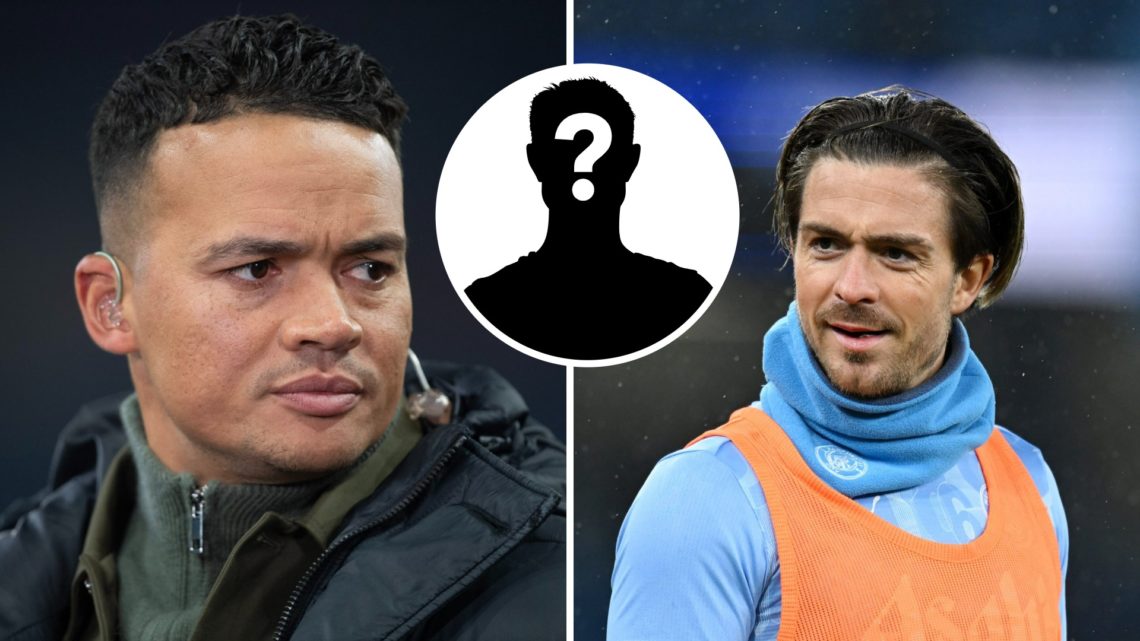 Split image - close up of Jermaine Jenas' face while doing punditry work (left) Jack Grealish with a funny look on his face (right) mystery player ...