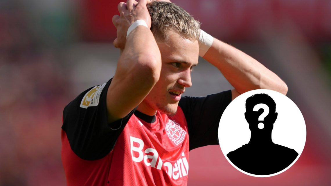 Florian Wirtz in action for Bayer Leverkusen with his hands on his head (main image) mystery player inset (bottom right corner)