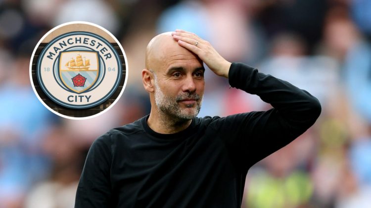 Man City manager Pep Guardiola with his hand on his head (main image) inset of the Manchester City crest (top left corner)