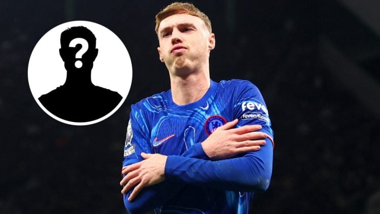 Cole Palmer doing his famous shiver celebration in a Chelsea shirt (main image) mystery player inset (top left corner)