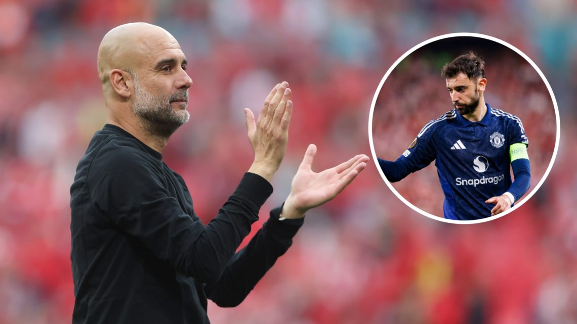 Pep Guardiola clapping with a smile on his face (main image) inset of Bruno Fernandes in action for Man United (top right corner)