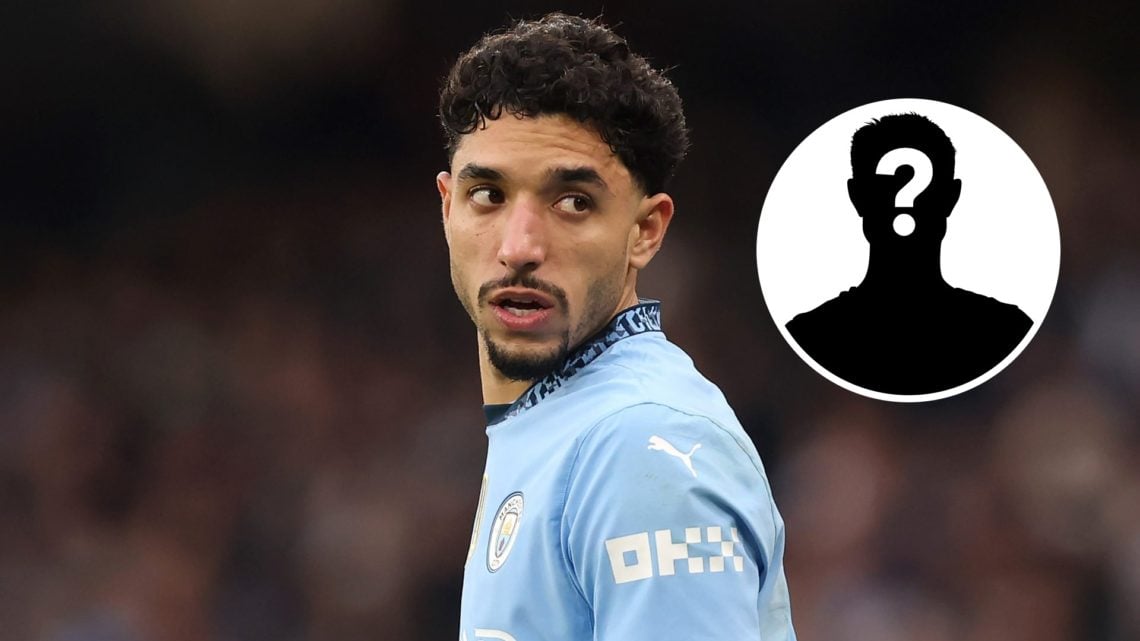 Close up of Omar Marmoush while playing for Man City (main image) mystery player inset (top right corner)