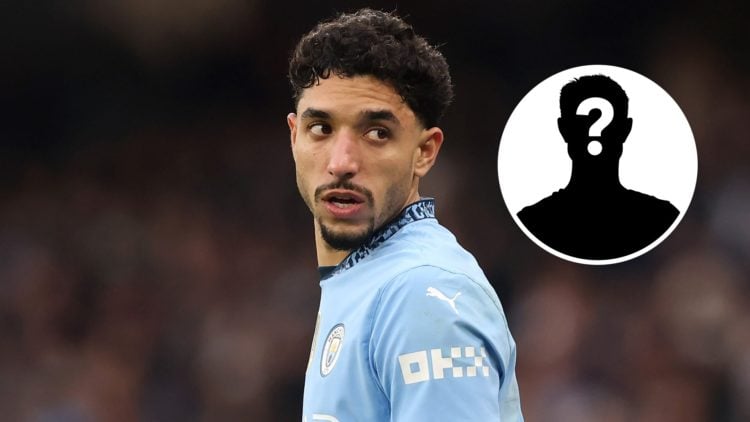 Close up of Omar Marmoush while playing for Man City (main image) mystery player inset (top right corner)