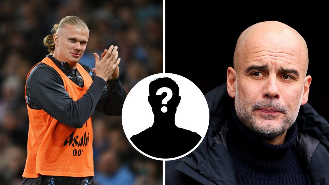 Split image - Erling Haaland clapping his hands in a Man City tracksuit (left) close up of Pep Guardiola's face (right) mystery player inset (middle)