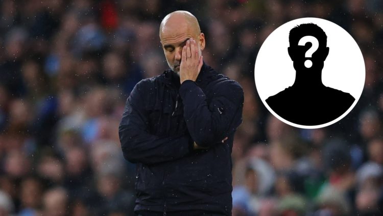Pep Guardiola looking sad with his hand on his face (main image) mystery player inset (top right corner)