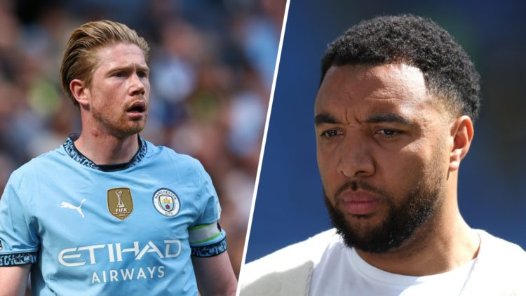 Split image - Kevin De Bruyne in action for Man City (left) close up of Troy Deeney's face (right)