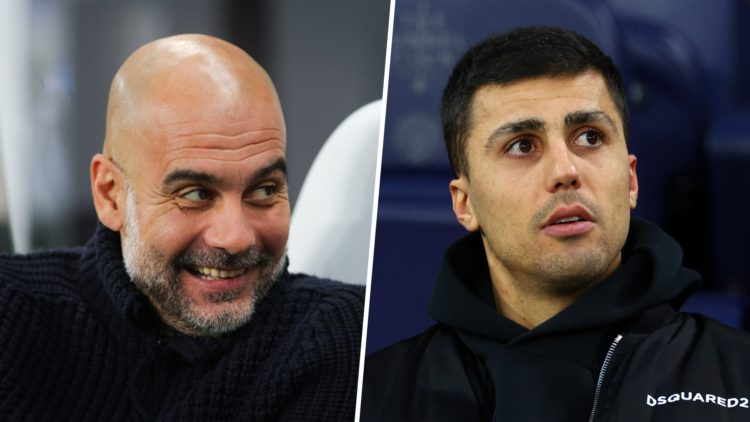 Split image - Manchester City manager Pep Guardiola laughing on the bench (left) Close up of Rodri's face (right)