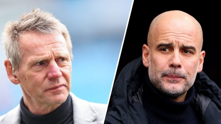 Split image - Stuart Pearce doing punditry work for a Man City game (left) close up of Pep Guardiola' face (right)