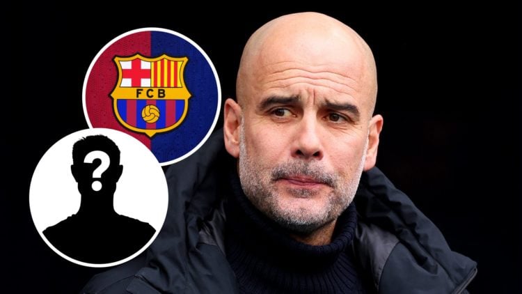 Manchester City manager Pep Guardiola with inset of Barcelona badge and mystery silhouette