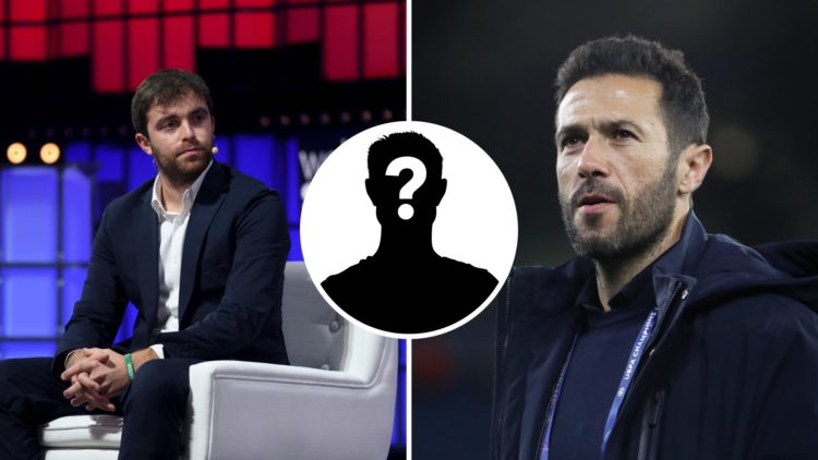 Split image of Fabrizio Romano and Manchester City director Hugo Viana with inset of mystery silhouette