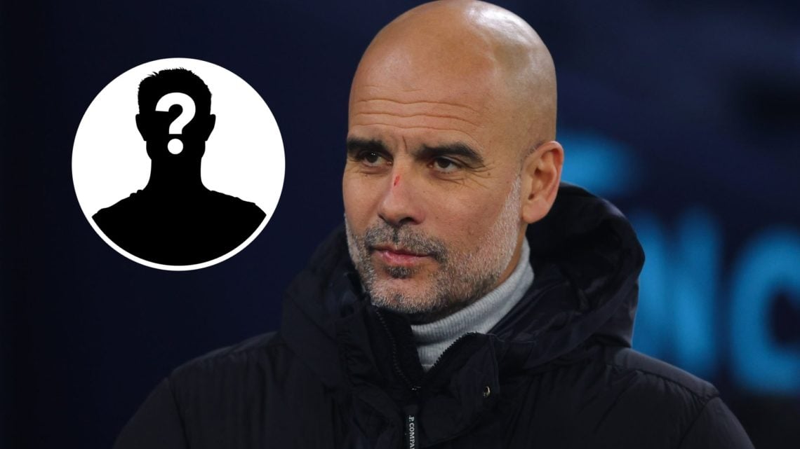 Close up of Man City manager Pep Guardiola (main image) mystery player inset (top left corner)