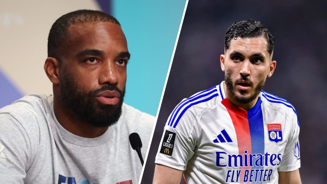 Split Image of Alexandre Lacazette of Team France speaking to the press and Rayan Cherki of Lyon looking on
