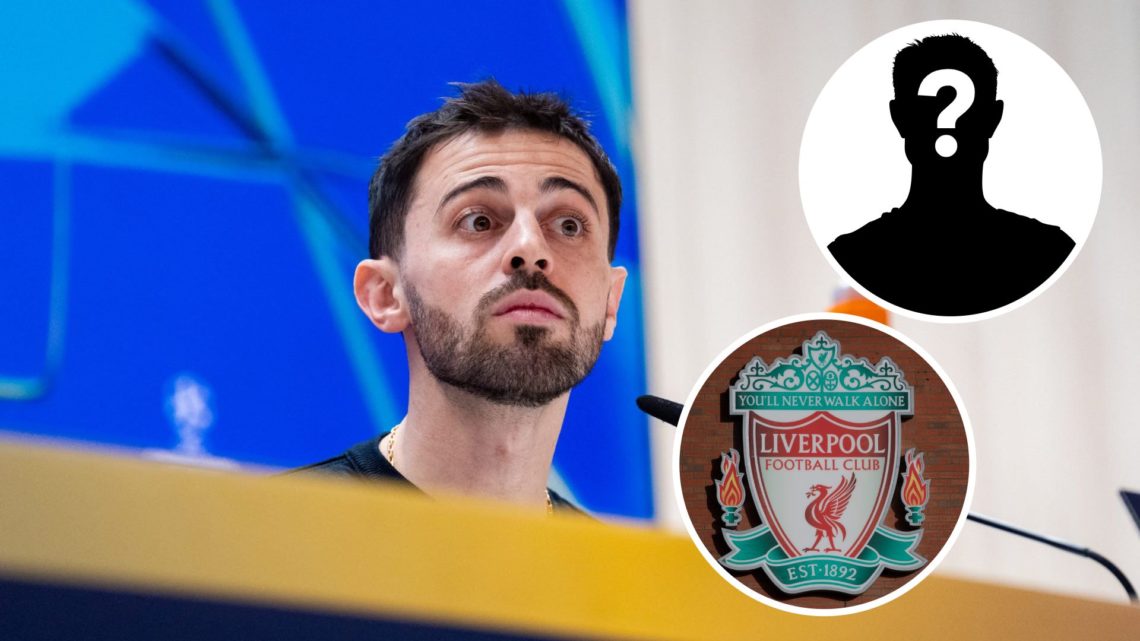 Bernardo Silva of Manchester City during a press conference (main image) with insets of mystery player (top right corner) and Liverpool badge (bott...