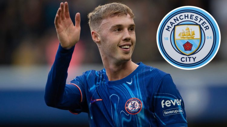 Image of Cole Palmer of Chelsea celebrating during the Premier League match with Chelsea FC and Brighton with inset of Manchester City badge