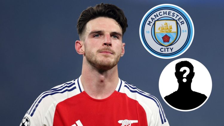 Image of Declan Rice reacting between Paris Saint-Germain and Arsenal FC with insets of Manchester City and mystery player