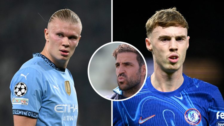 Split Image of Erling Haaland of Manchester City and Cole Palmer of Chelsea with inset of Cesc Fabregas of Como 1907 reacts