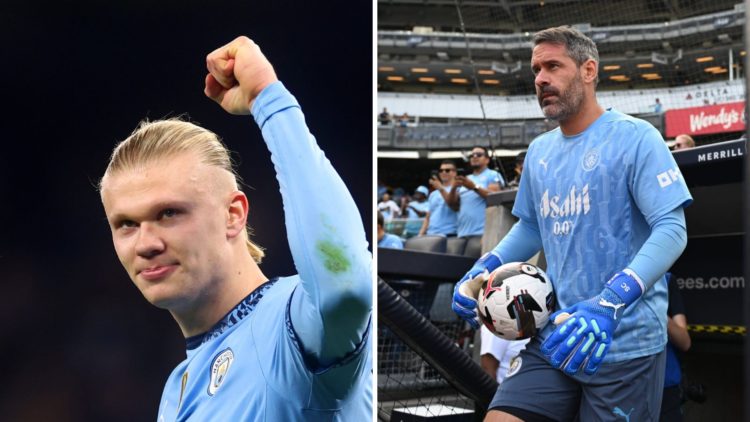 Split Image of Erling Haaland of Manchester City celebrating and Scott Carson #33 of Manchester City entering the field