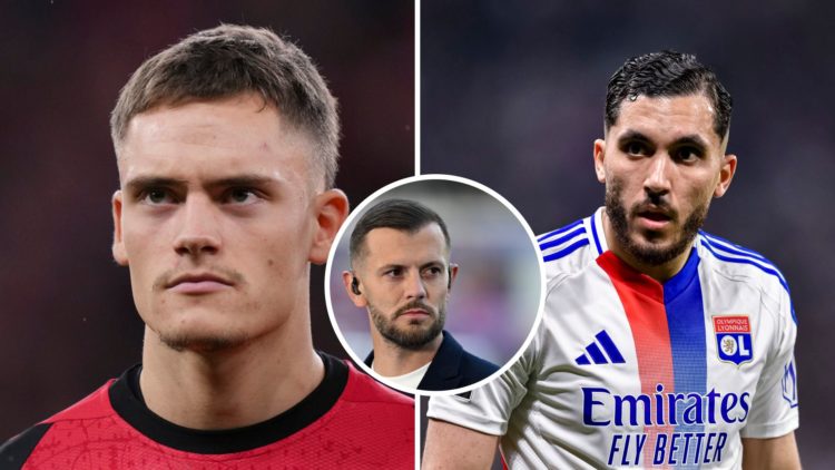 Split Image of Florian Wirtz of Bayer 04 Leverkusen and Rayan Cherki of Lyon with inset of Jack Wilshere, Interim Head Coach of Norwich City