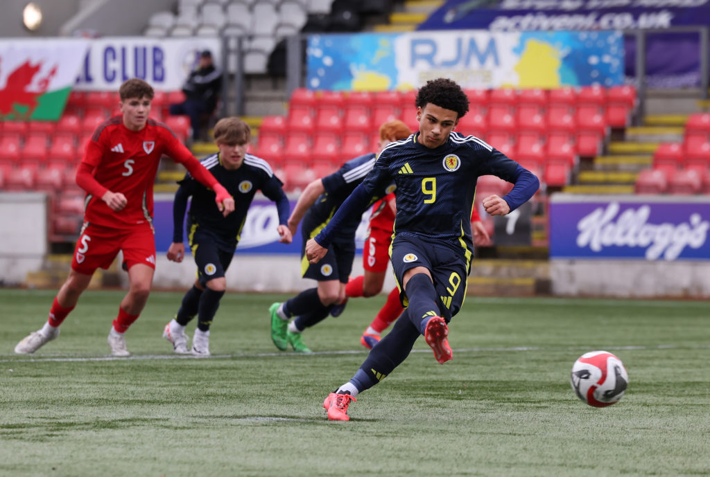 Manchester City academy player Caelan Cadamarteri scores for Scotland Youth