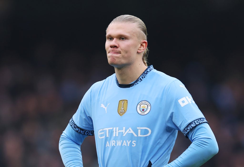 Erling Haaland with his hands on his hips during Manchester City v Everton.