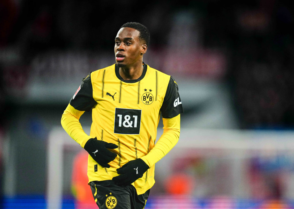Jamie Gittens in action during RB Leipzig v Borussia Dortmund.