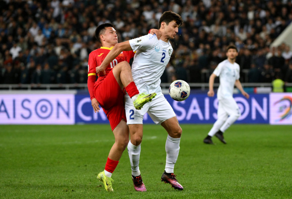Abdukodir Khusanov in action for Uzbekistan v Kyrgyz Republic
