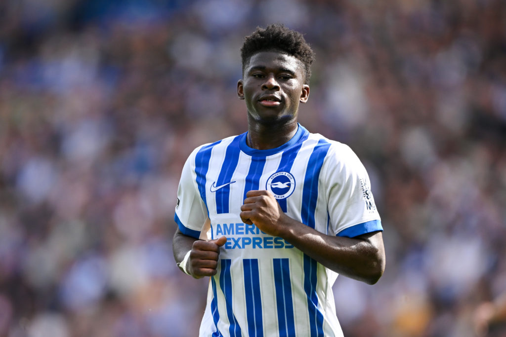 Carlos Baleba in action for Brighton vs Leicester.