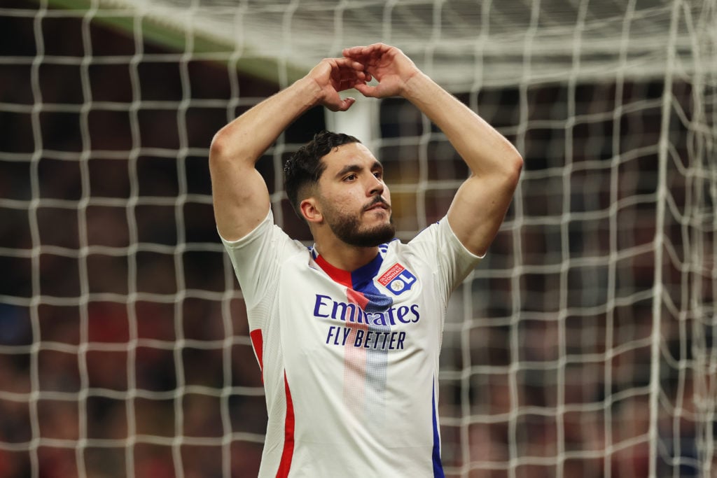 Rayan Cherki with his hands above his head during Manchester United v Olympique Lyonnais