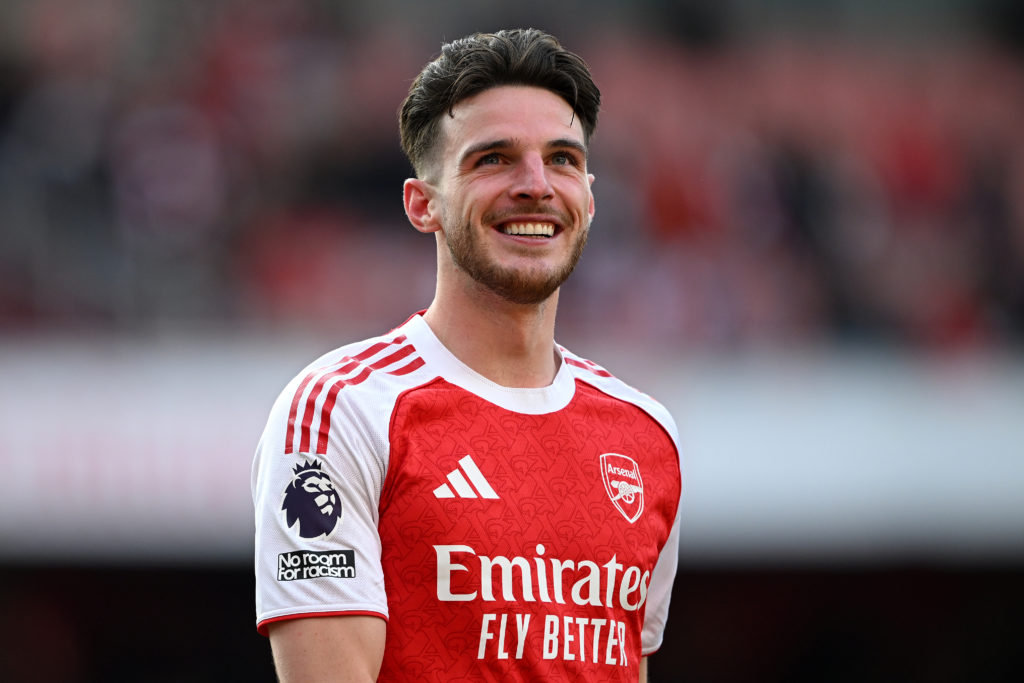 Declan Rice celebrates after victory in the Premier League match between Arsenal and Newcastle United at the Emirates Stadium.