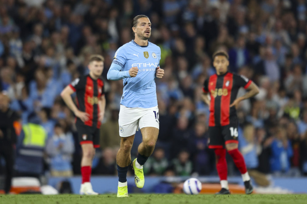 Jack Grealish playing for Manchester City against Bournemouth.