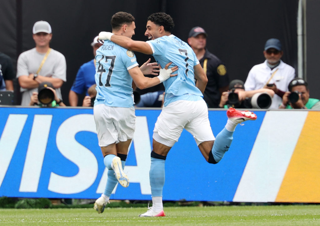 Phil Foden celebrates a goal with Omar Marmoush in Manchester City v Wydad AC.