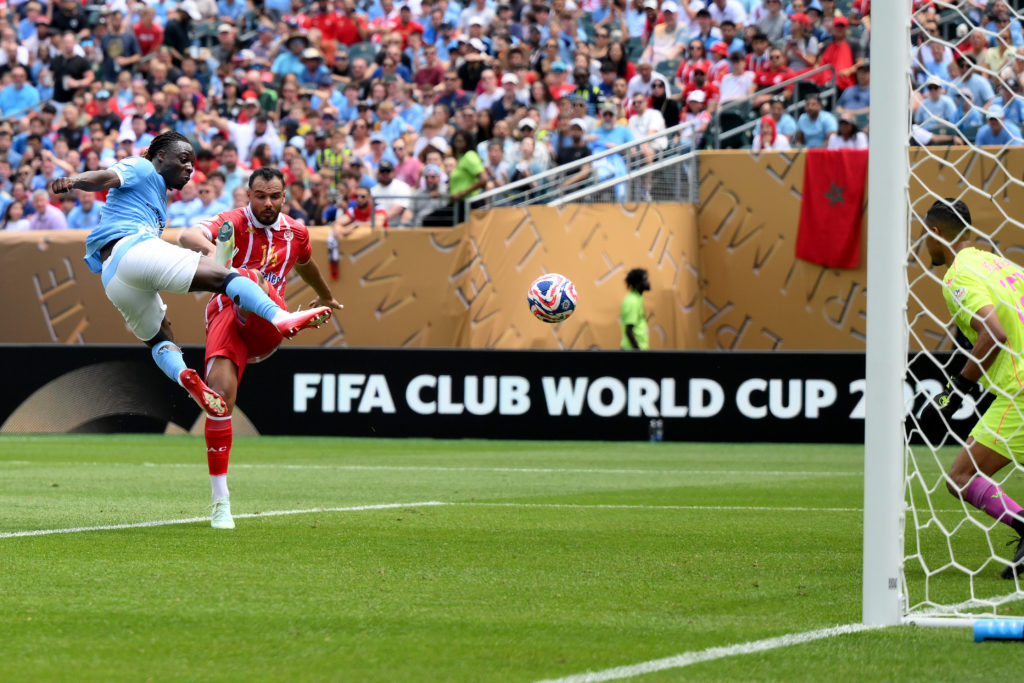 Jeremy Doku scores a goal for Manchester City v Wydad AC at the FIFA Club World Cup.