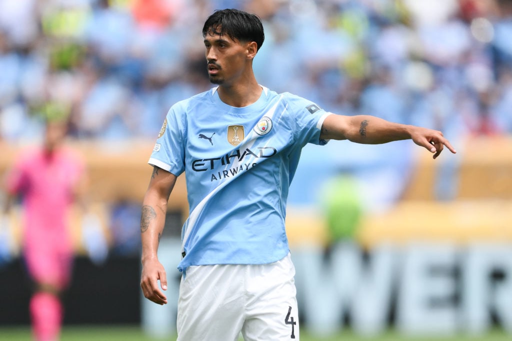Tijjani Reijnders pointing during Manchester City v Wydad AC at the FIFA Club World Cup.