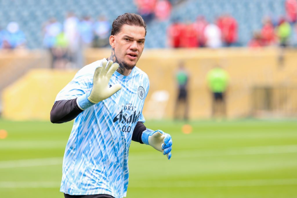 Ederson warming up for Manchester City.