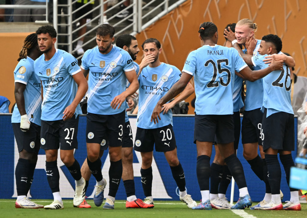 Manchester City players celebrate during the 5-2 victory over Juventus.