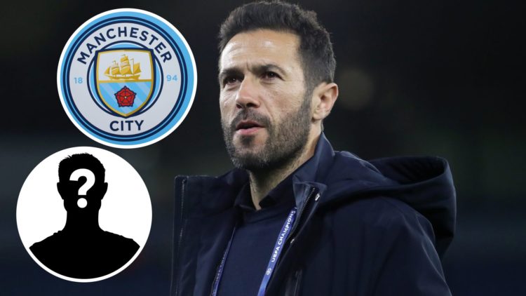Image of Hugo Viana, Director of Football with insets of The club badge of Manchester City and a mystery player