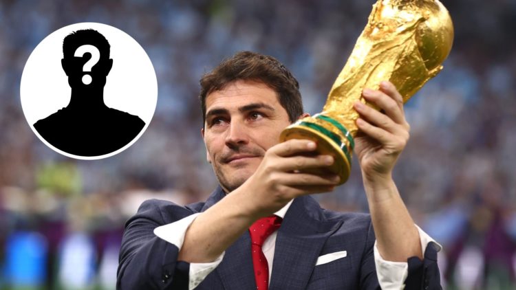Iker Casillas holding the FIFA World Cup trophy (main image) with inset of mystery player (top left corner)