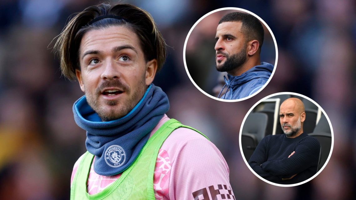 Jack Grealish of Manchester City on the side lines with insets of Kyle Walker and Pep Guardiola
