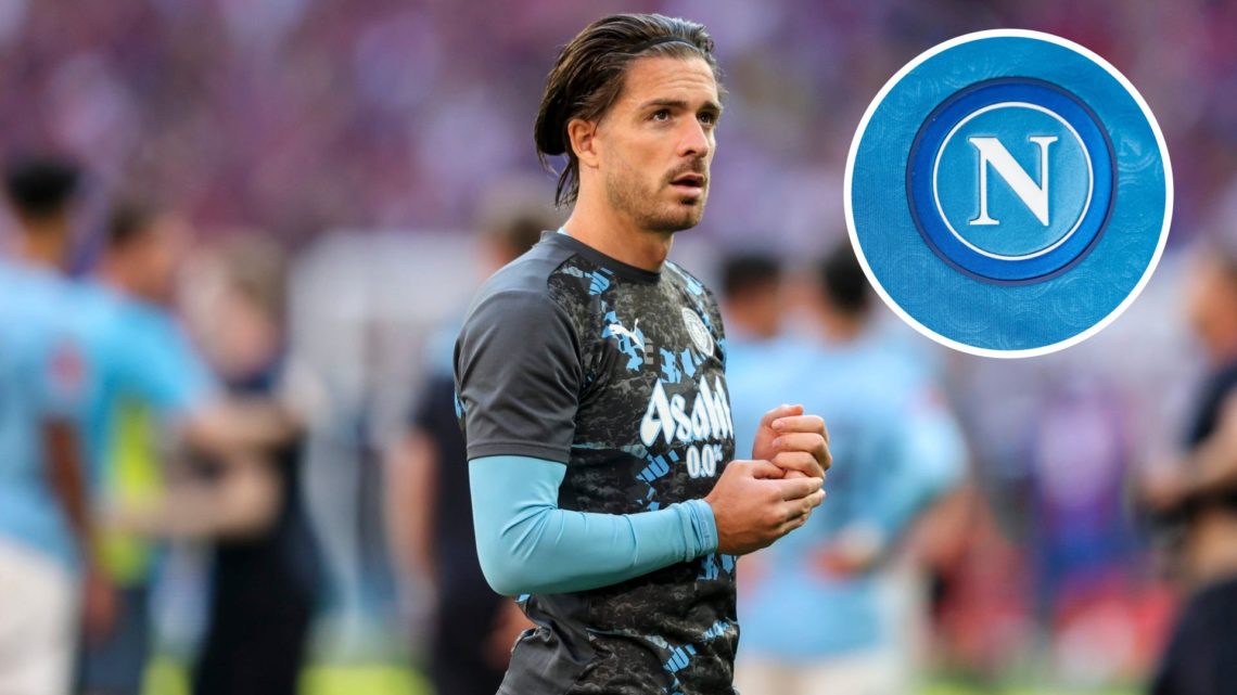 Image of Jack Grealish of Manchester City after his sides 1-0 defeat during the Emirates FA Cup Final with inset of A detailed view of the badge of...