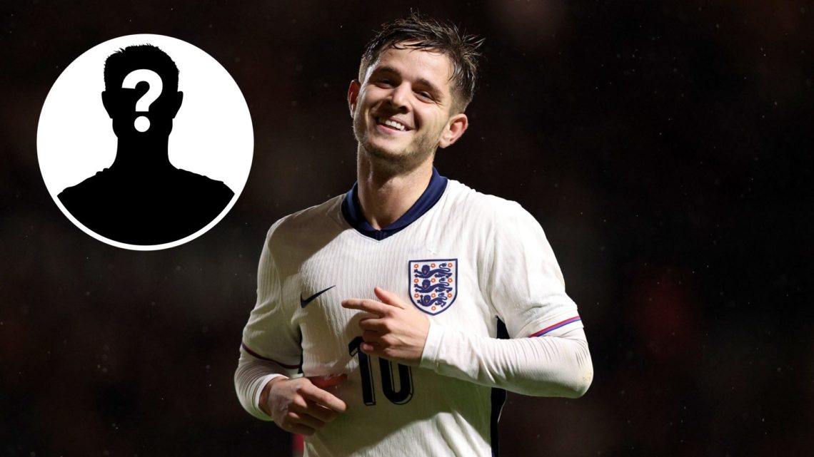 Manchester City's James McAtee smiling during England Under-21's match against Azerbaijan with inset of mystery player