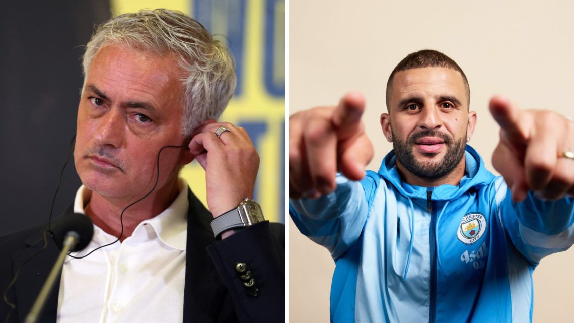 Split Image of Fenerbahçe's new coach Jose Mourinho answering questions and Kyle Walker of Manchester City posing during a portrait session