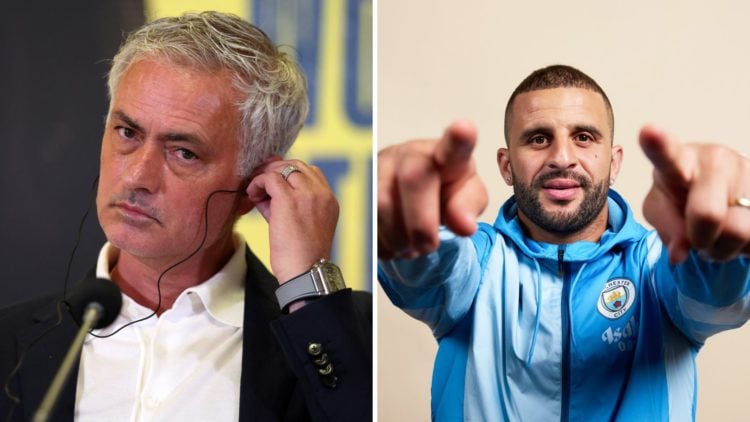Split Image of Fenerbahçe's new coach Jose Mourinho answering questions and Kyle Walker of Manchester City posing during a portrait session