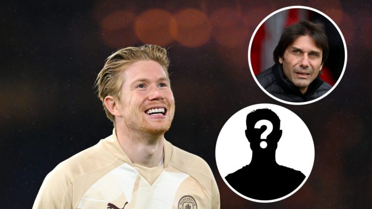 Kevin De Bruyne smiling (main image) with insets of Antonio Conte looking on during Tottenham's match against Southampton (top right corner) with m...