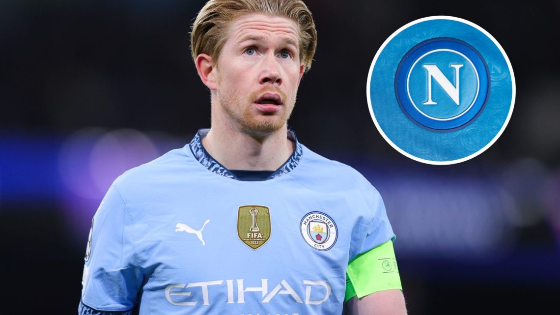 Image of Kevin De Bruyne of Manchester City during the UEFA Champions League with inset of A detailed view of the badge of SSC Napoli