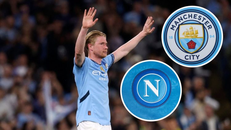 Image of Kevin De Bruyne leaving the field against AFC Bournemouth with insets of Manchester City and Napoli badges