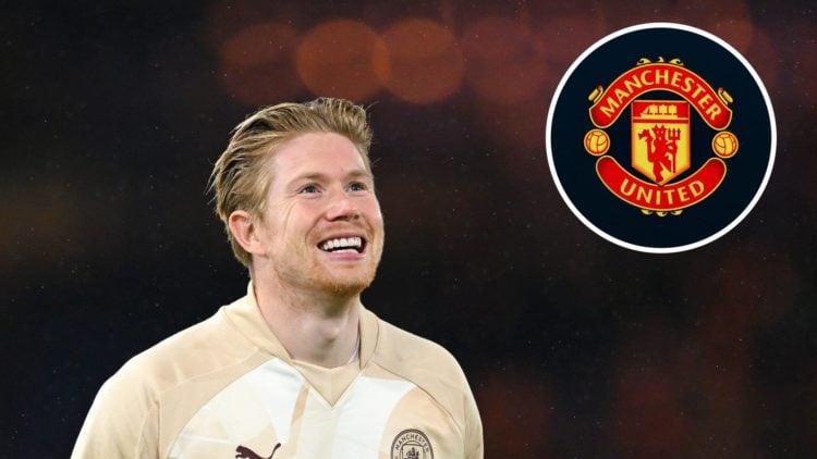 Image of Kevin De Bruyne of Manchester City reacts in the warm up prior to the Emirates FA Cup with inset of Manchester United badge