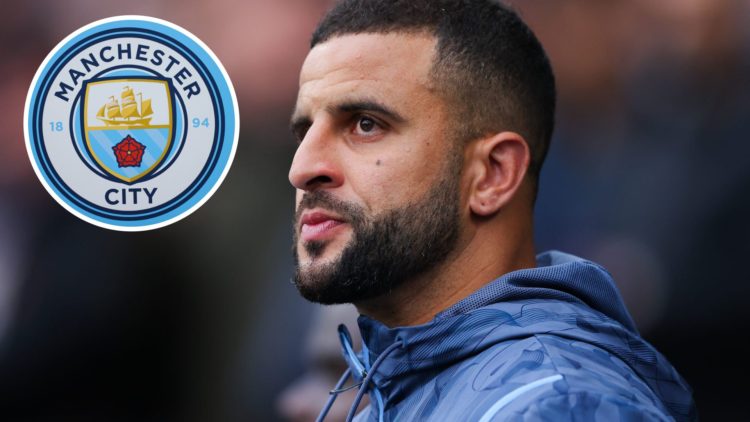 Image of Kyle Walker of Manchester City during the Premier League match with inset of The club badge of Manchester City