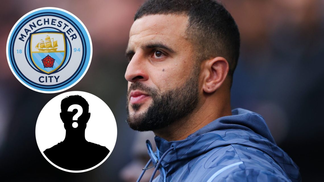 Kyle Walker looking on (main image) with insets of Manchester City badge (top left corner) and mystery player (left corner)